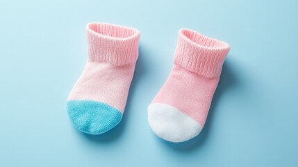 Two colorful baby socks. one blue and one pink. displayed on a soft blue background. perfect for a children's clothing advertisement or online store