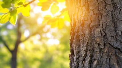 Obraz premium Tree bark texture sunlight green leaves nature background