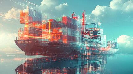 Abstract Cargo Ship at Sea with Glowing Containers