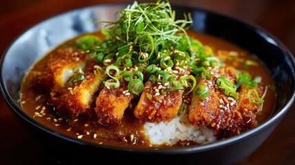A stunning image of steamy bowl of katsu curry with tender pork cutlets, thick curry sauce, and jasmine rice, topped with fresh spring onions and sesame seeds.