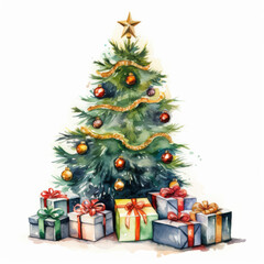 Beautifully decorated christmas tree with colorful ornaments, golden star topper and wrapped gift boxes arranged underneath, festive watercolor illustration
