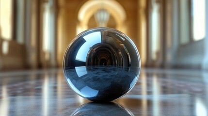Single Smooth Polished Obsidian Sphere Reflecting Subtly Lit Luxurious Interior 2