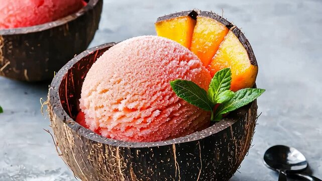 Pink ice cream in coconut shells with fruit garnish.