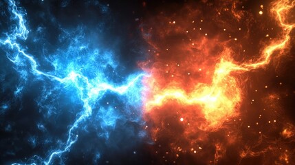 Fototapeta premium A dynamic visual representation of blue and orange electric energy clashing in a vibrant display. set against a dark background with subtle sparks. ideal for creative projects