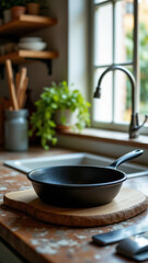 Skillet on a wooden cutting board next to kitchen counter with sink.