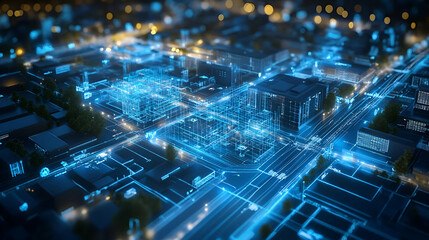Aerial View of a Futuristic City at Night Illuminated with Blue Digital Network