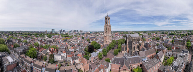 Wide panorama 180 degrees aerial view of the medieval Dutch city centre of Utrecht with cathedral...