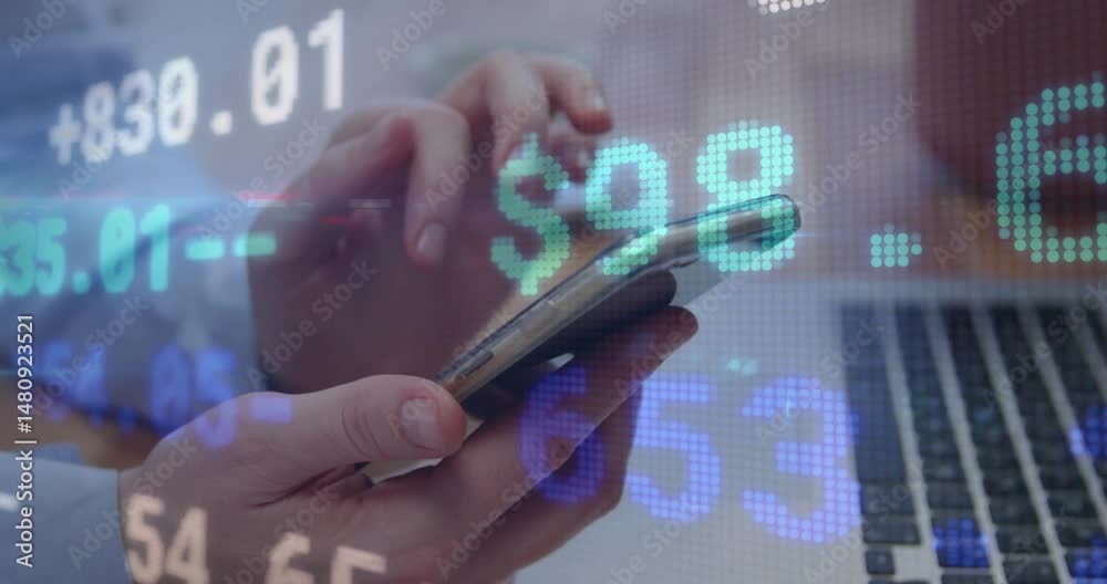 Poster 3d render showing hands tapping smartphone while translucent financial data floating above keyboard