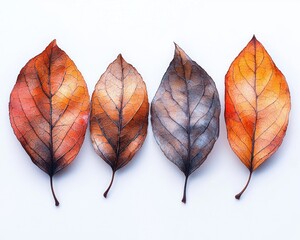 Four autumn leaves in various stages of decay, arranged in a horizontal row against a white background
