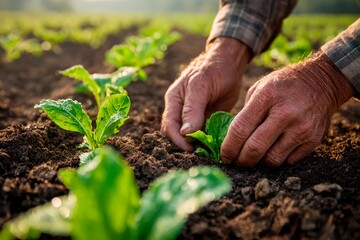 A farmer is carefully planting young green seedlings in rich soil. Early morning light casts a warm glow over the field, highlighting the fresh growth and diligent work