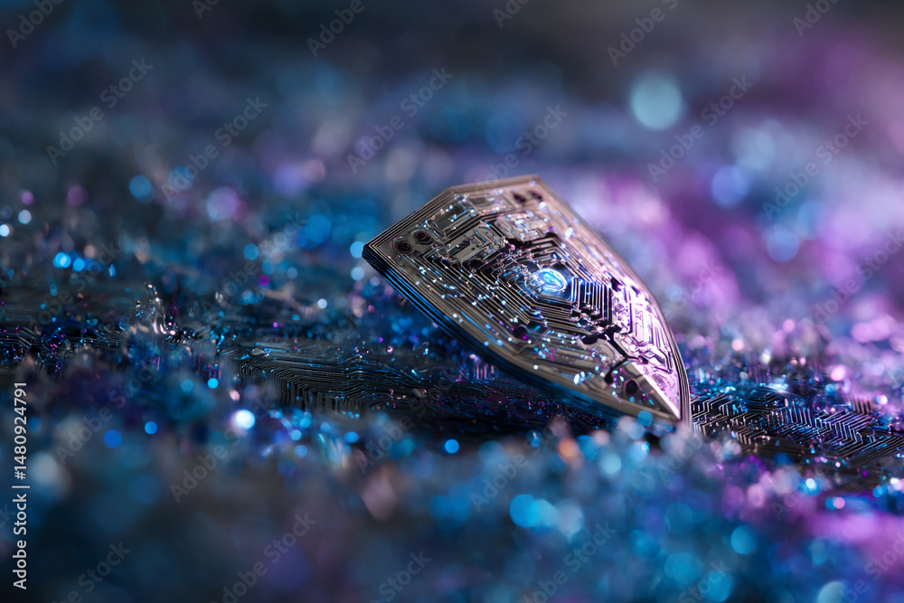 Poster metallic shield with circuit pattern rests on a shimmering, blue-purple background, symbolizing digi