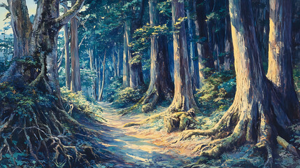 Naklejka premium Ancient cedar trees lining the mystical trails of Kumano Kodo pilgrim route (2)