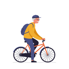 Naklejka premium Elderly man riding bicycle with backpack while wearing a cap 