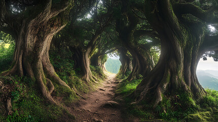 Obraz premium Ancient cedar trees lining the mystical trails of Kumano Kodo pilgrim route 