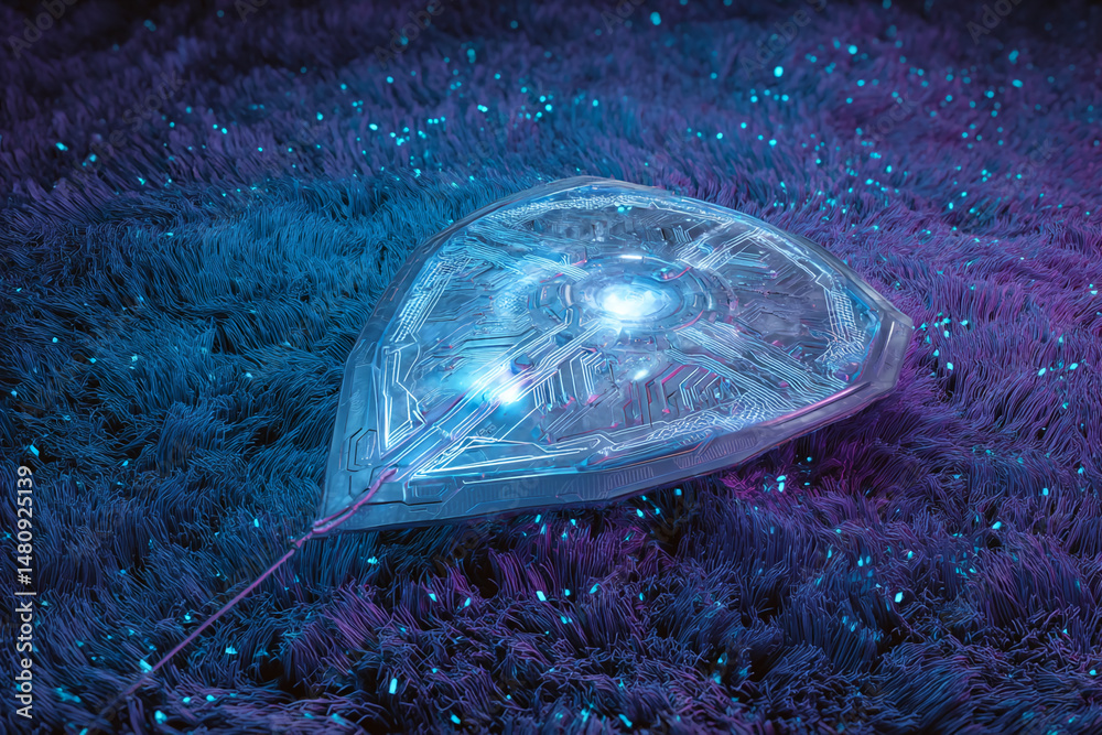 Poster futuristic shield rests on a textured purple surface, illuminated with neon blue light, showcasing t