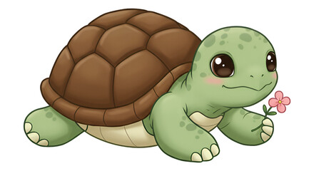 Kawaii Baby Turtle Holding a Flower &ndash; Transparent Background
