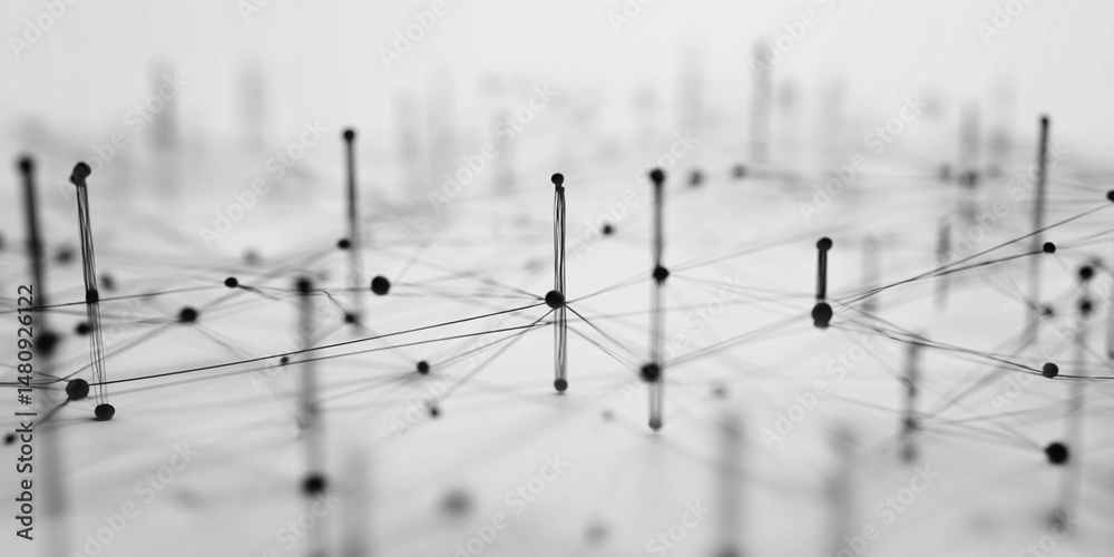 Aufkleber Abstract image of interconnected black nodes and thin lines on a white background, representing network, connection, or communication concept