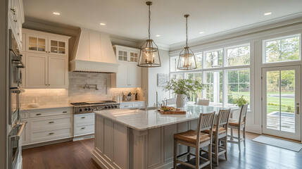 Bright White Kitchen with Marble Island and Large Windows