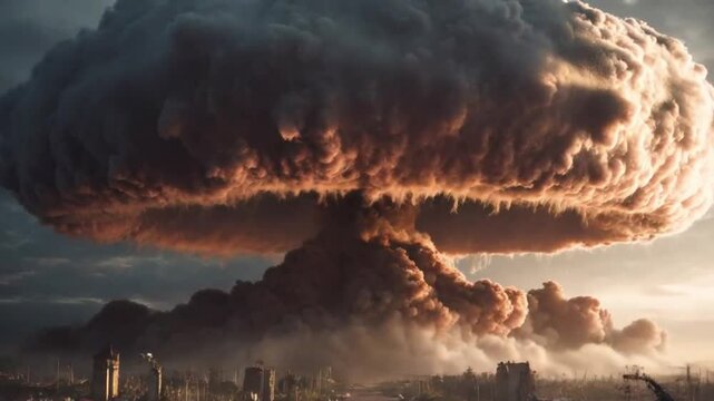 Massive Nuclear Explosion Devastates Post-Apocalyptic Cityscape with Towering Mushroom Cloud at Dusk