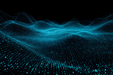 Abstract blue digital landscape, glowing points forming wavy surface, ideal for technology or futuristic designs, background or banner