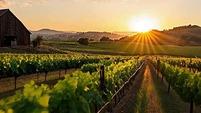 Vineyard at sunset, rustic barn backdrop.