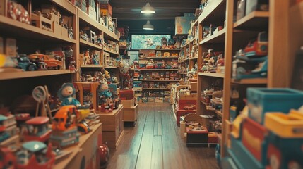 A vintage toy shop's interior, filled with antique playthings.