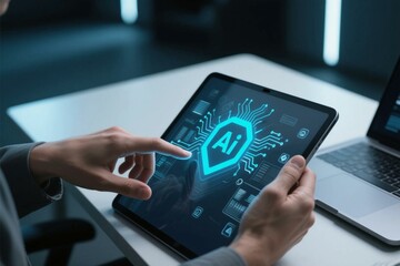 Man interacting with ai interface on a digital tablet technology concept