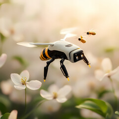A robotic bee drone hovers near flowers alongside real bees in a bright, natural garden setting.