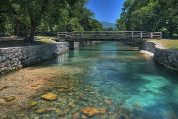 Fototapeta premium Crystal-clear river flowing under a wooden bridge in a park