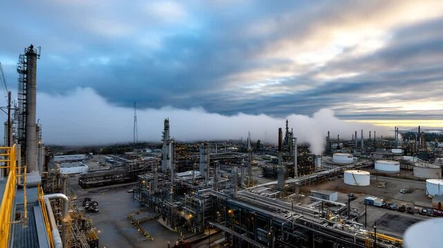A panoramic view of an industrial landscape featuring multiple processing units and a dramatic sky, emphasizing the complexity of modern industry and technology.