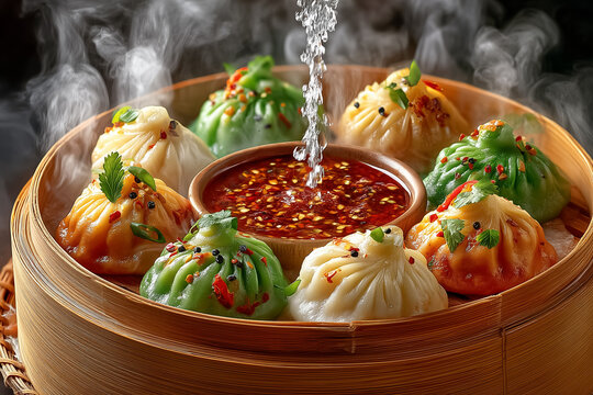 Nepalese momo basket opens, aromatic steam billowing with colorful momos nestled. Bowl of vibrant achar splashes nearby. Ideal for restaurants, food bloggers, culinary businesses