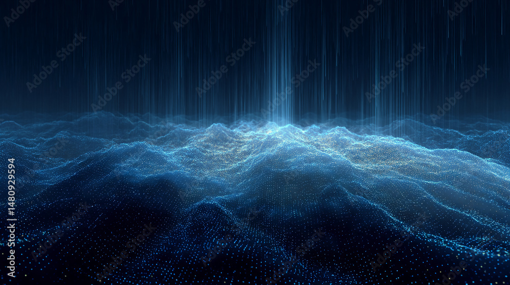 Aufkleber abstract blue digital landscape with glowing particles and vertical light streaks, suggesting data f