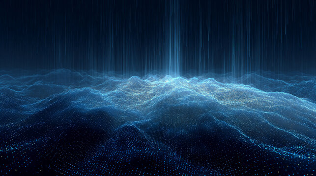 Abstract blue digital landscape with glowing particles and vertical light streaks, suggesting data flow or futuristic technology, ideal for tech or science background