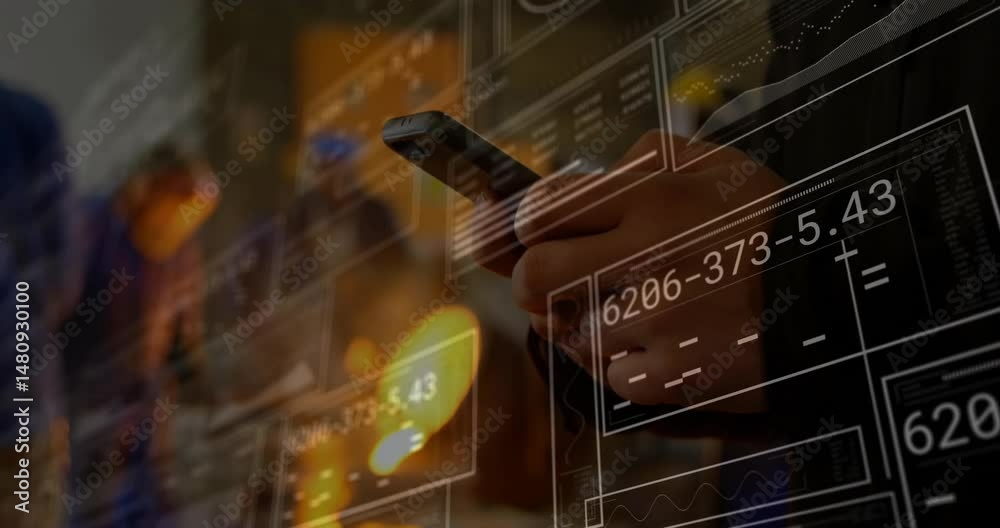 Poster hands holding smartphone while interacting with floating code panels and numeric data in tech hub