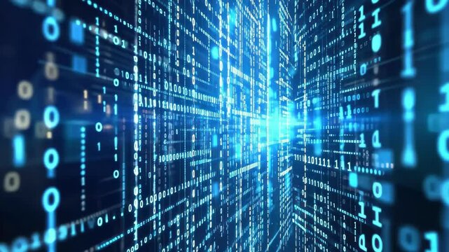 Abstract blue digital binary code grid matrix background for computer and data concepts