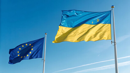 Ukraine and European Union flags, two flags waving on beautiful sky background