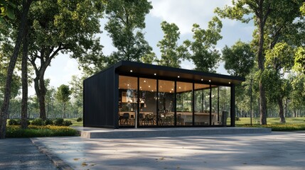 Obraz premium A modern. sleek glass-walled building set in a lush green park. showcasing a spacious interior with wooden accents. perfect for gatherings or events