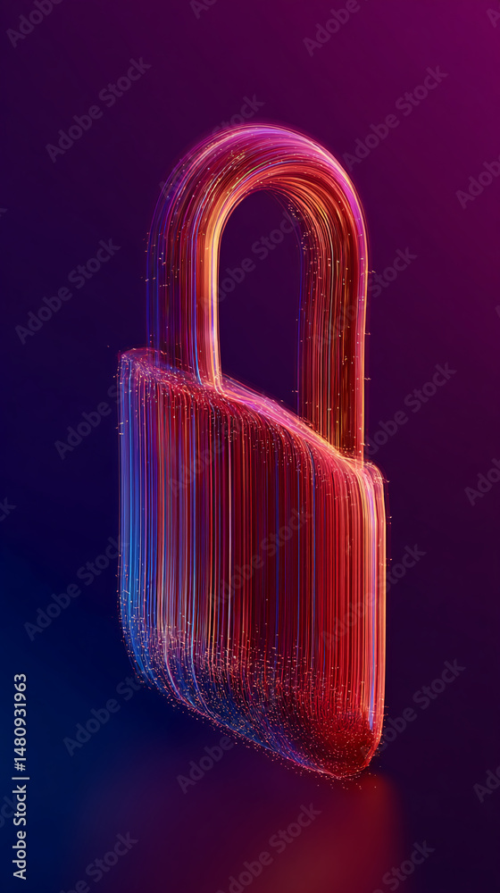 Poster abstract padlock formed by colorful light streaks on dark background, symbolizing digital security a