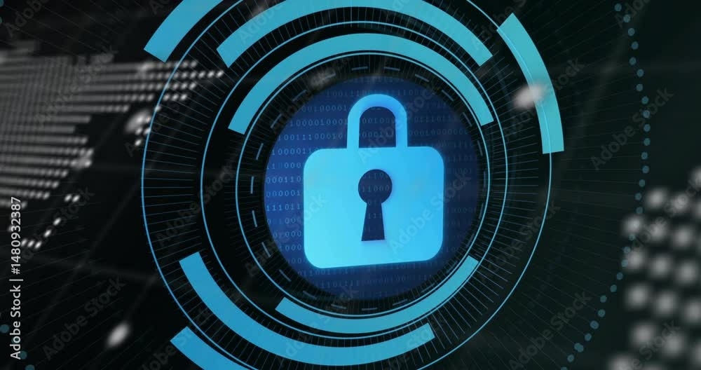 Poster flat design featuring blue padlock icon over flowing binary code, circular hud and blurred text