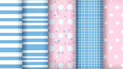 Five pastel fabric swatches with different patterns horizontal stripes, polka dots with confetti, grid, and large polka dots