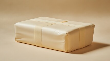 Cream gift package elegant satin wrapped box beige background