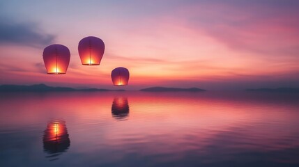 Illuminated lanterns ascending over serene sunset waters