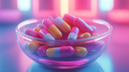 Colorful capsules in glass bowl medical pharmaceutical healthcare concept