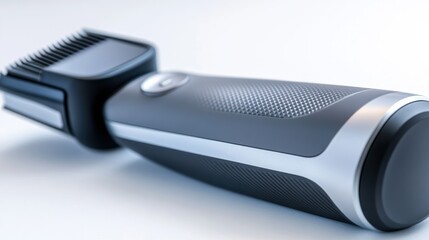 Sleek electric hair clipper close up product shot dark grey and silver design