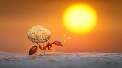 Red ant carrying sand at sunset nature macro photography