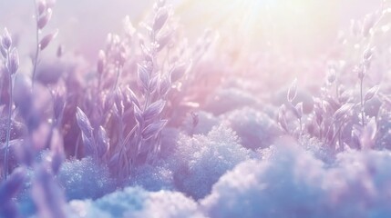 Pastel purple flowers emerging from snow in soft sunlight