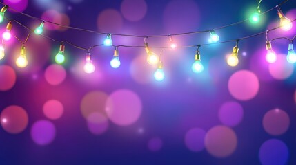 Colorful string lights with pink and purple bokeh background