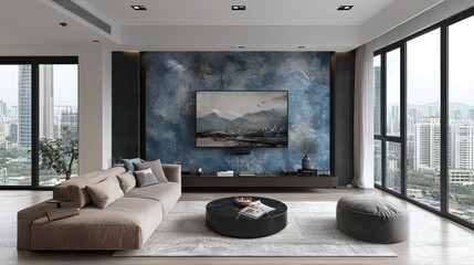 Modern living room with city view, featuring a large sectional sofa, a textured accent wall, and a flat-screen TV