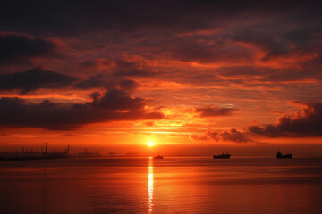 Naklejka premium Silhouettes of cargo ships at sea during vibrant sunset with industrial port in background