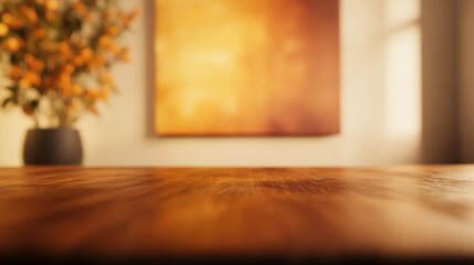 Warm brown wooden table top abstract orange painting background plant